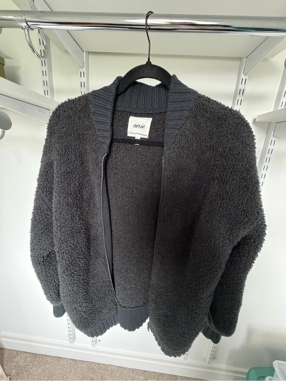 aerie Black Plush Sherpa Open-Front Jacket
